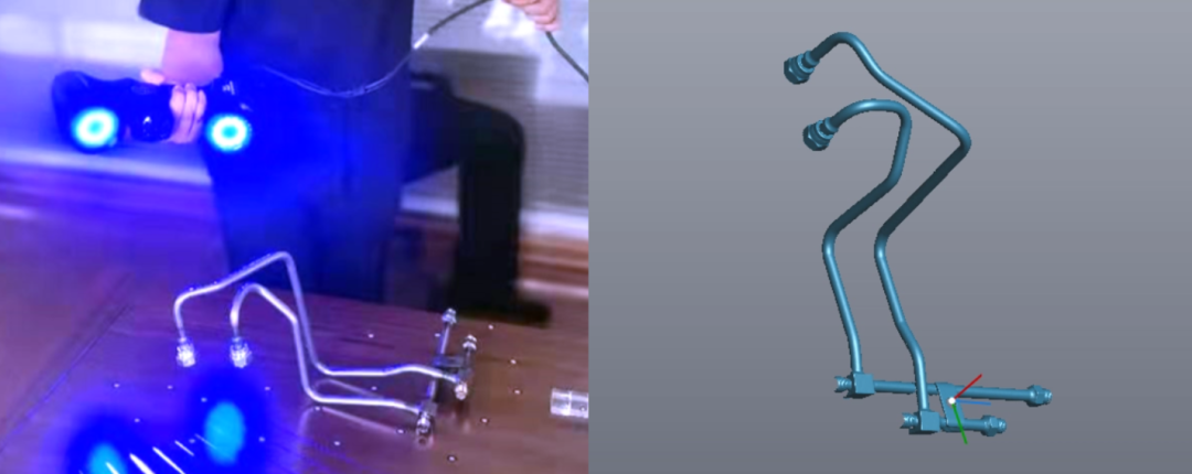 將管件放在貼有標(biāo)志點(diǎn)的桌面上，使用RigelScan掃描，用時(shí)不到1分鐘，即可得到完整的管件三維數(shù)據(jù)