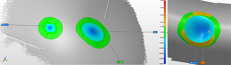 基于掃描的3D數(shù)據(jù)，可在第三方軟件中通過擬合周圍曲面（或?qū)Ρ仍既S數(shù)模），自動檢測凹坑的深度和寬度等，并形成可視化檢測報告，直觀清晰，方便快速判定是否超過標準值。