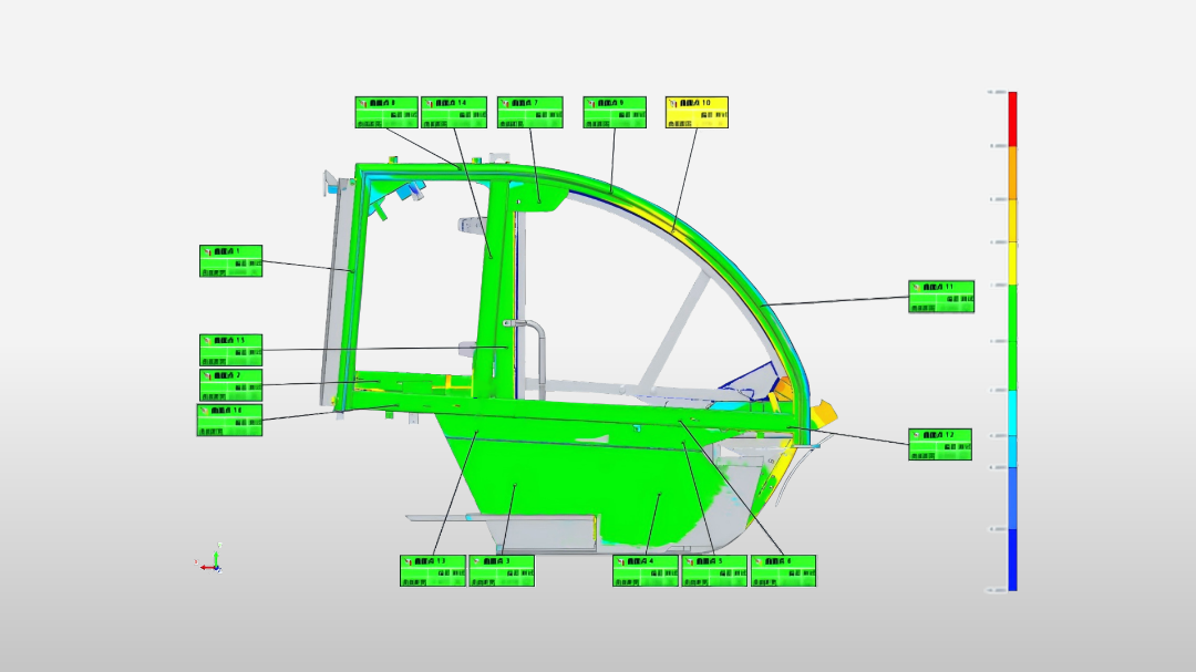 將掃描數(shù)據(jù)與數(shù)模比對(duì)分析，可得到直觀的整體偏差色譜圖